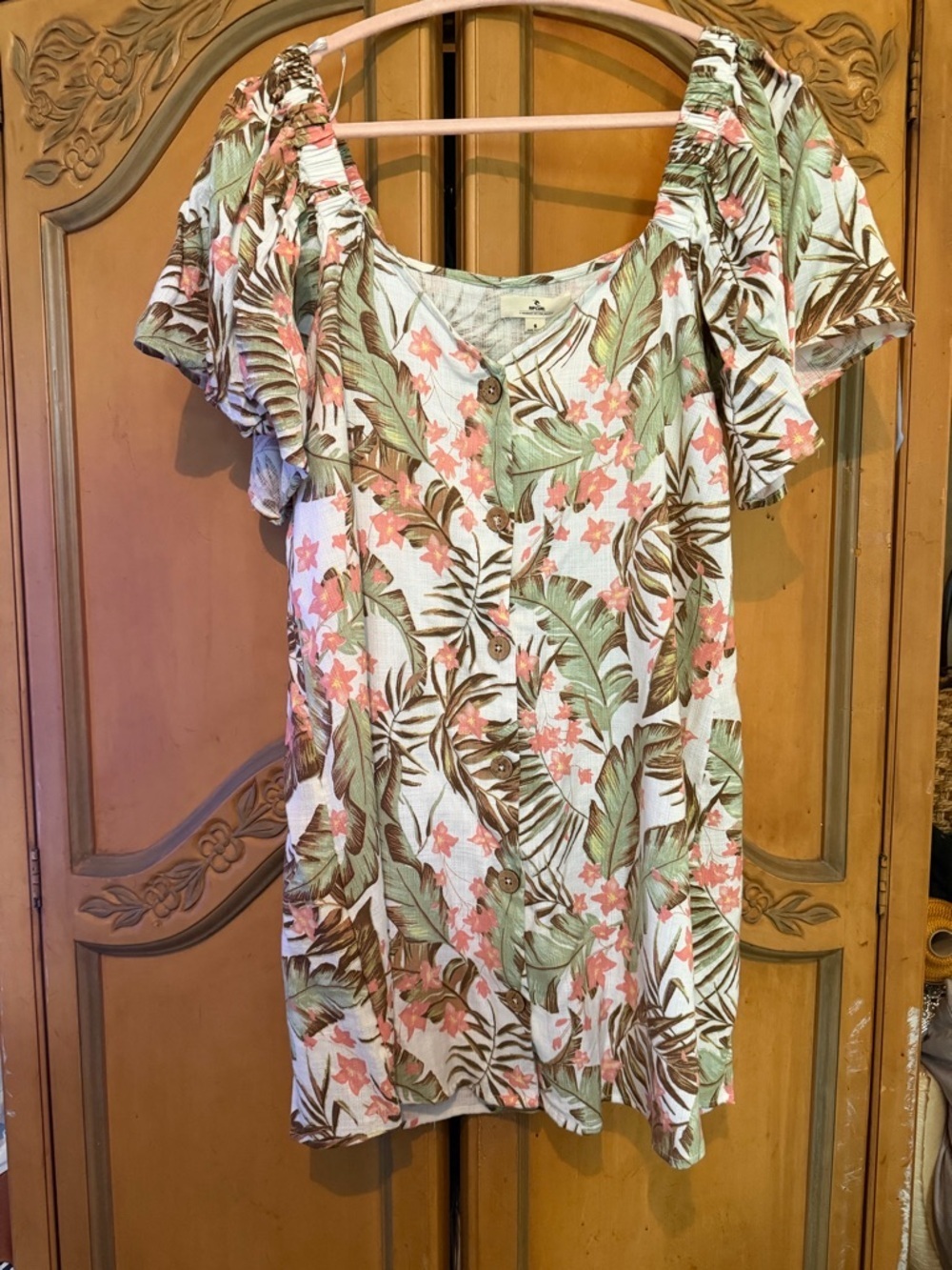Rip Curl Tropical Button-Front Mini Dress in Beige, Green & Brown - Picture 2 of 9